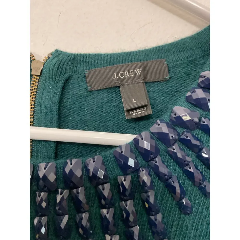 J. Crew Green Wool/Rabbit Hair Blend Sweater Jeweled Neckline Size Large Womens